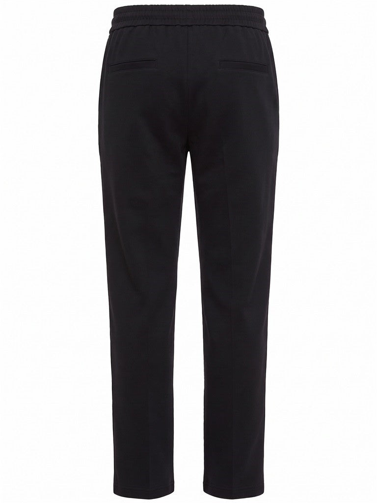 Dark blue trousers with an elasticated waistband, two horizontal back welt pockets, and straight legs.