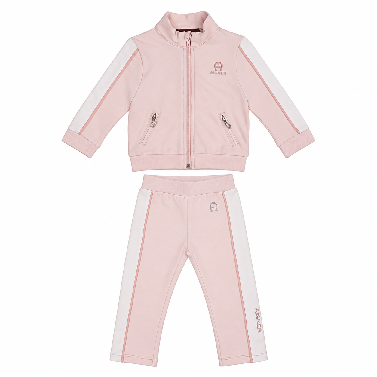 Pink jogging suit for babies, featuring a full-zip jacket with white and pink striped sleeves and matching trousers with whit