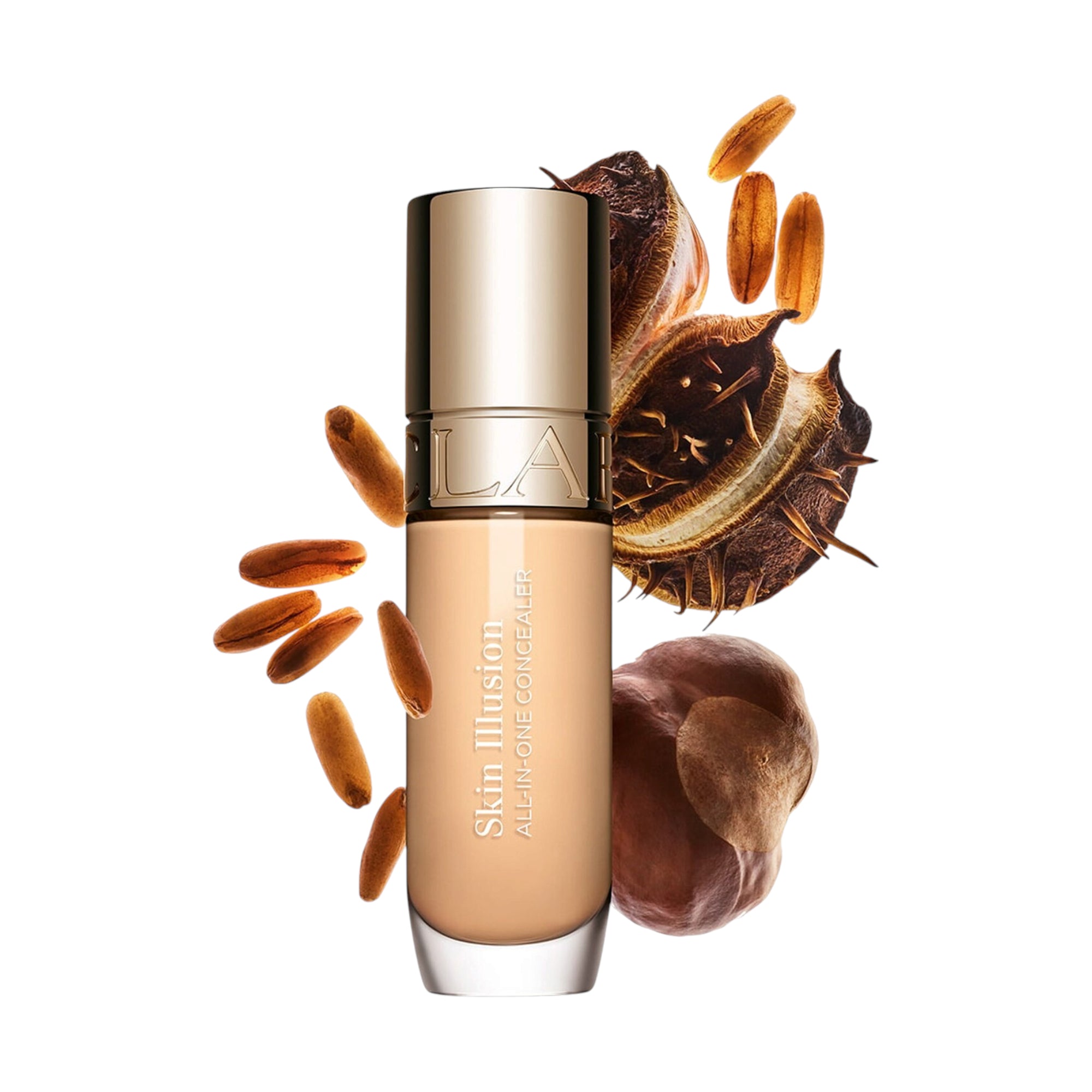 Light beige concealer in a cylindrical glass bottle with a gold-toned cap. Text 'Skin Illusion' on front.