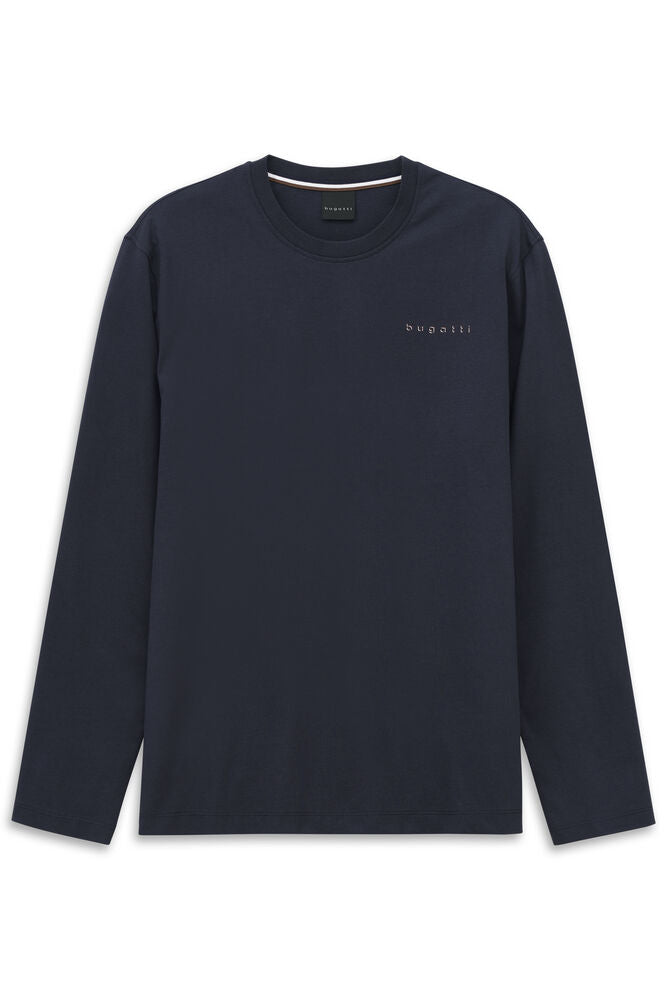 Navy blue men's long-sleeve T-shirt with a crew neck and small Bugatti logo embroidered on the left chest.