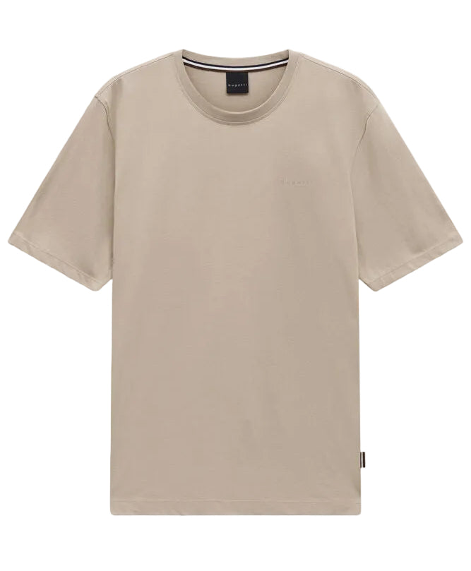 Beige short-sleeved crew neck t-shirt with a subtle embroidered logo on the left chest and a striped inner neck trim.