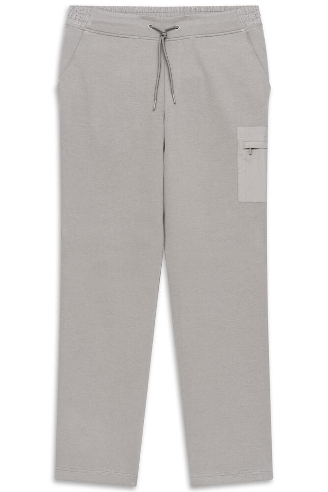 Grey casual knit trousers with an elasticated drawstring waist, side pockets, and a zipped patch pocket on the right thigh.
