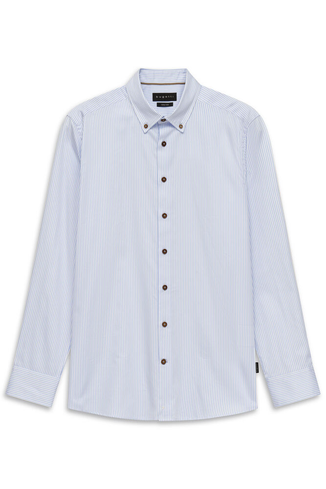 Light blue and white striped long-sleeved casual shirt with a button-down collar and dark brown buttons