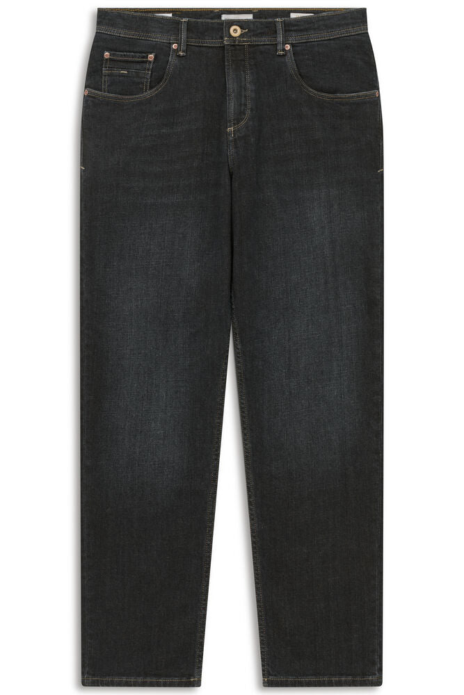 Black straight-leg five-pocket jeans with a washed finish, contrast stitching, and copper-toned metal rivets.