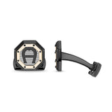 Aigner Adriano men's cufflinks featuring an octagonal black stainless steel frame with a rose gold and black striped A-logo center.