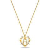 Aigner women's gold-plated stainless steel necklace featuring a large open-heart pendant framed with crystals and polished studs, centering a crystal-set horseshoe "A" logo.
