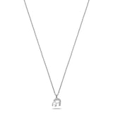 Aigner women's short necklace in rhodium-plated stainless steel featuring a small horseshoe-shaped A-logo pendant encrusted with shimmering crystals and a secondary polished logo charm.
