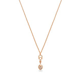 Aigner women's rose gold-plated stainless steel necklace featuring a crystal-set horseshoe "A" linked to a shimmering crystal heart drop pendant.