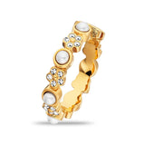 Aigner women's two-tone finger ring featuring a scalloped gold-plated stainless steel band adorned with alternating white pearls and crystal-set floral motifs.