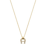 Aigner women's long necklace in yellow gold-plated stainless steel featuring a horseshoe-shaped A-logo pendant encrusted with shimmering crystals.