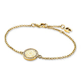 Aigner women's yellow gold-plated stainless steel chain bracelet featuring a circular charm with the A-logo monogram and a crystal-set border.