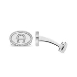 Aigner men's silver-tone stainless steel cufflinks featuring an oval face with a textured rope-edge border and a central raised Aigner logo.