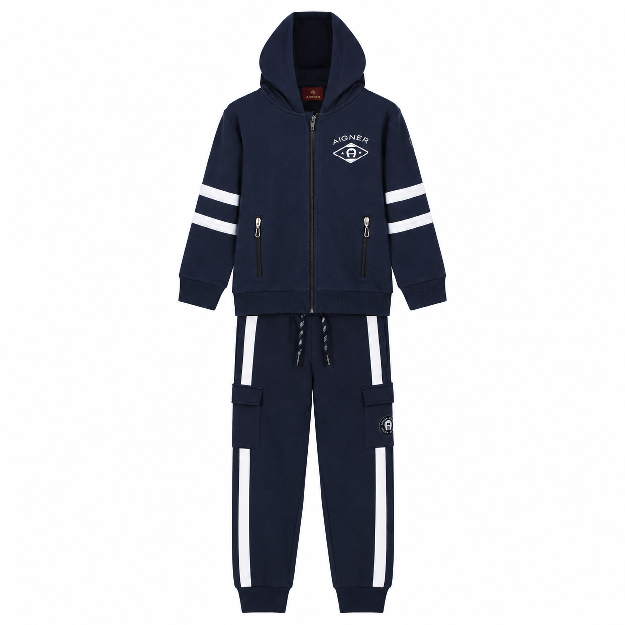 Navy blue hooded zip-up jogging jacket with white stripes on sleeves and matching cargo trousers with white leg stripes.
