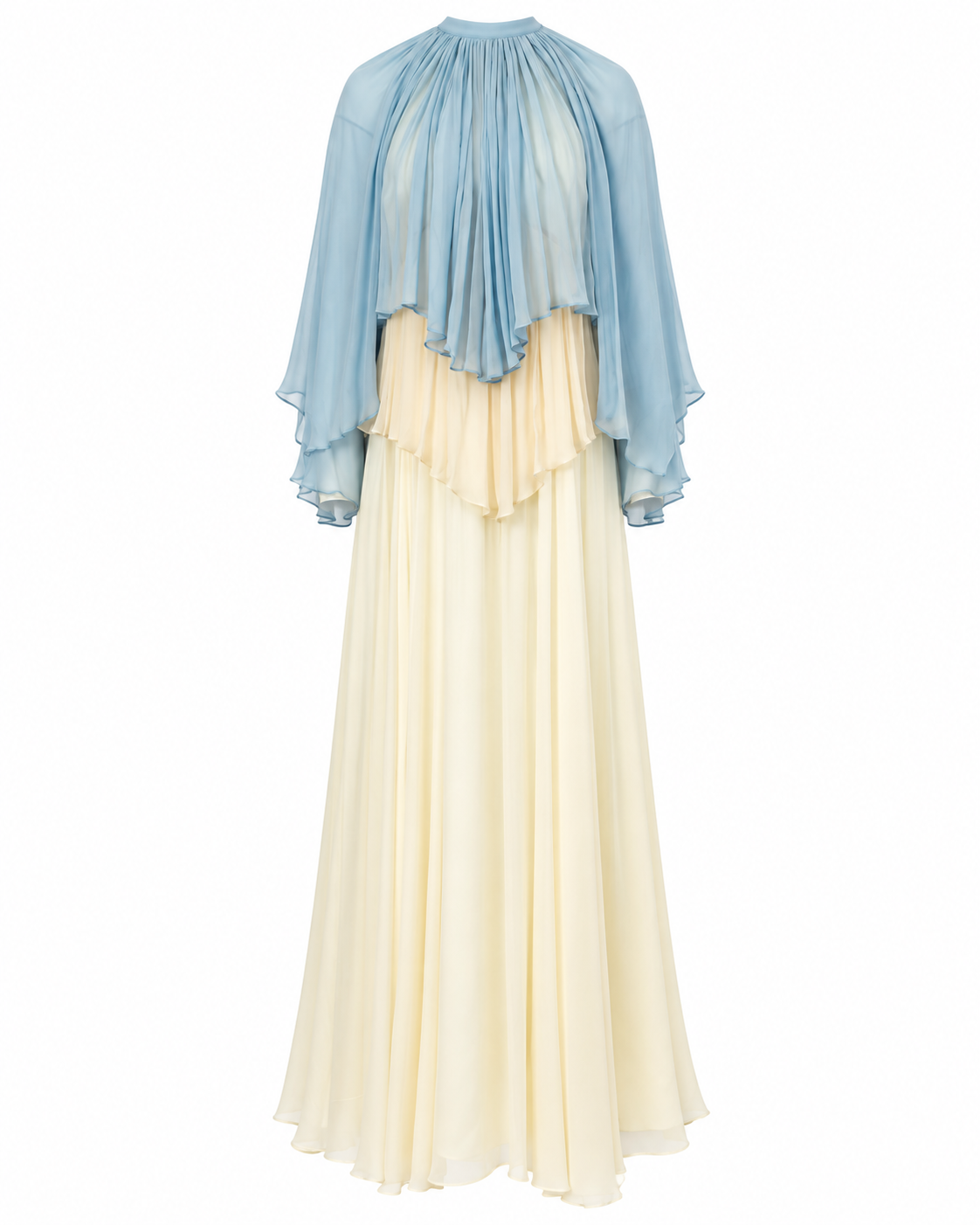 Light blue and beige tiered maxi dress with a high gathered neckline and wide, flowing sleeves.