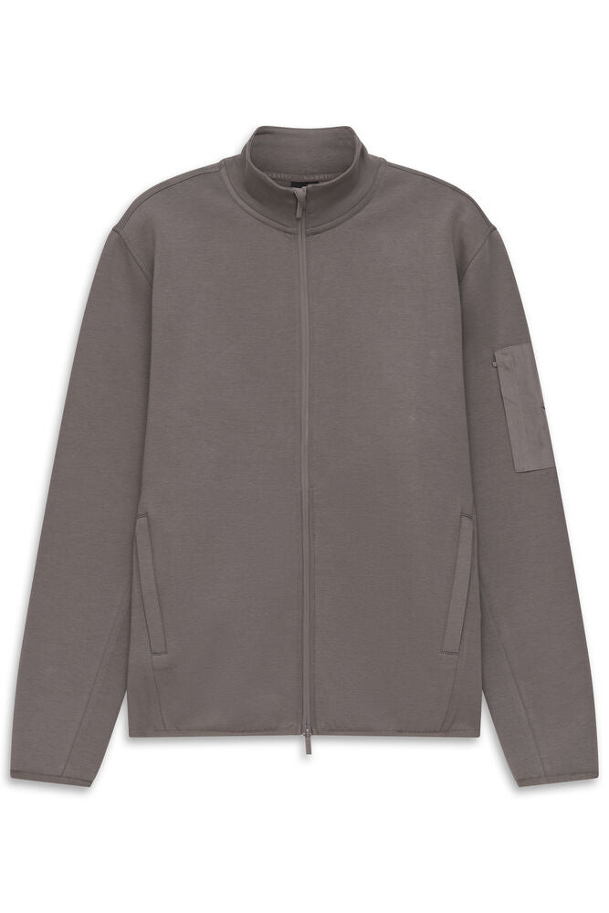 Grey knitted full-zip jacket with a stand-up collar, two front welt pockets, and a flap pocket on the left sleeve.