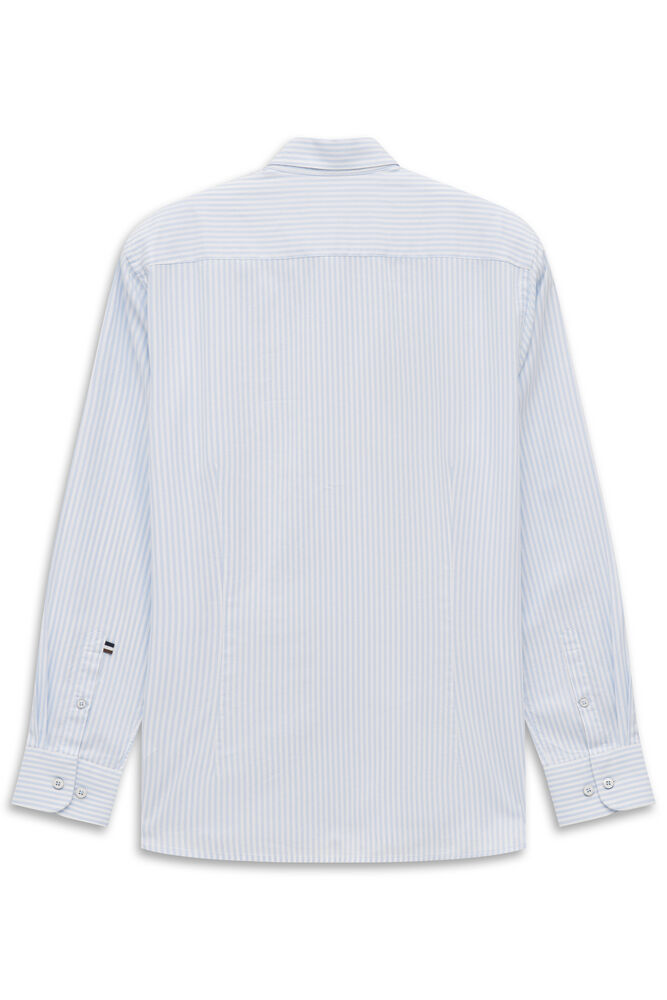 Light blue and white striped men's long-sleeved shirt with a classic collar, buttoned cuffs, and sleeve emblem.
