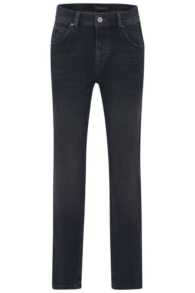 Dark grey straight-leg denim jeans with a five-pocket style, subtle fading, and a silver-toned button closure.