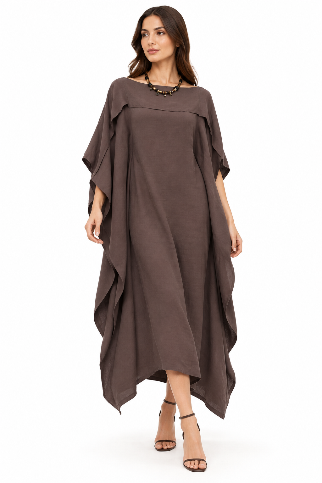 Baqa Women's Brown Draped Dress with Beaded Neckline