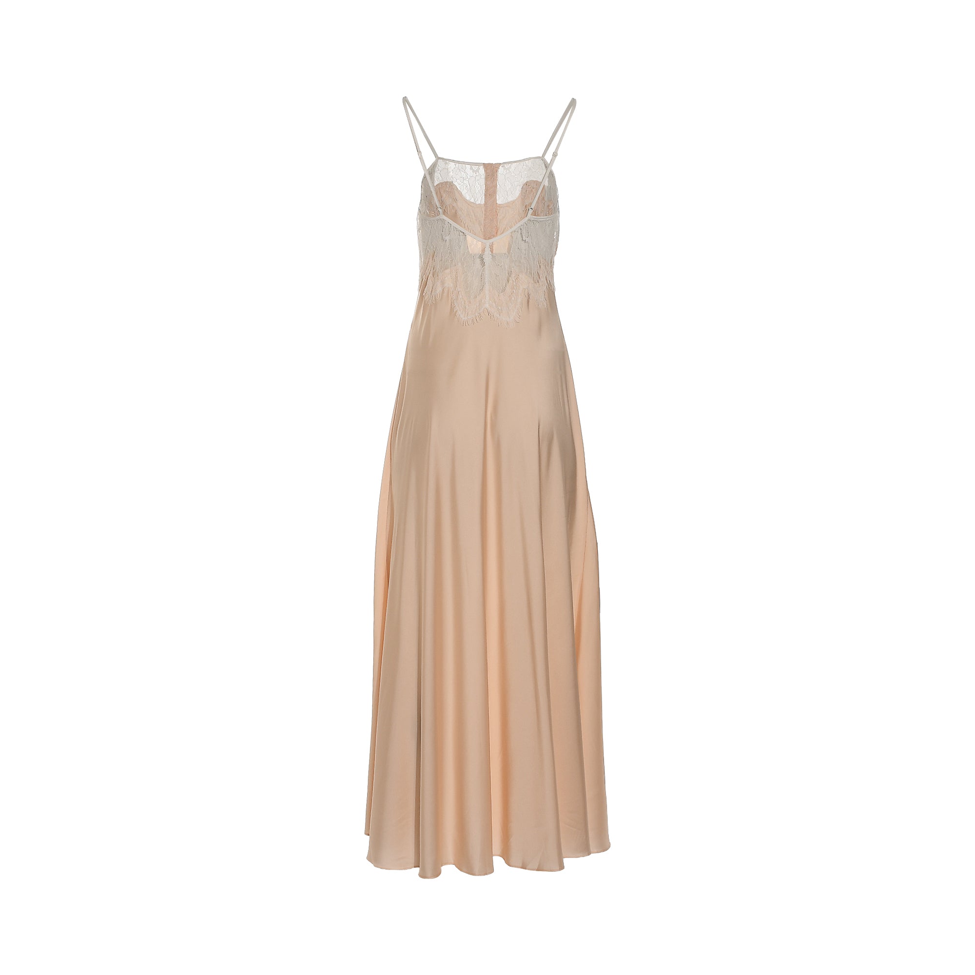 Long peach satin slip dress with spaghetti straps and a V-neckline featuring intricate light peach eyelash lace on the bodice