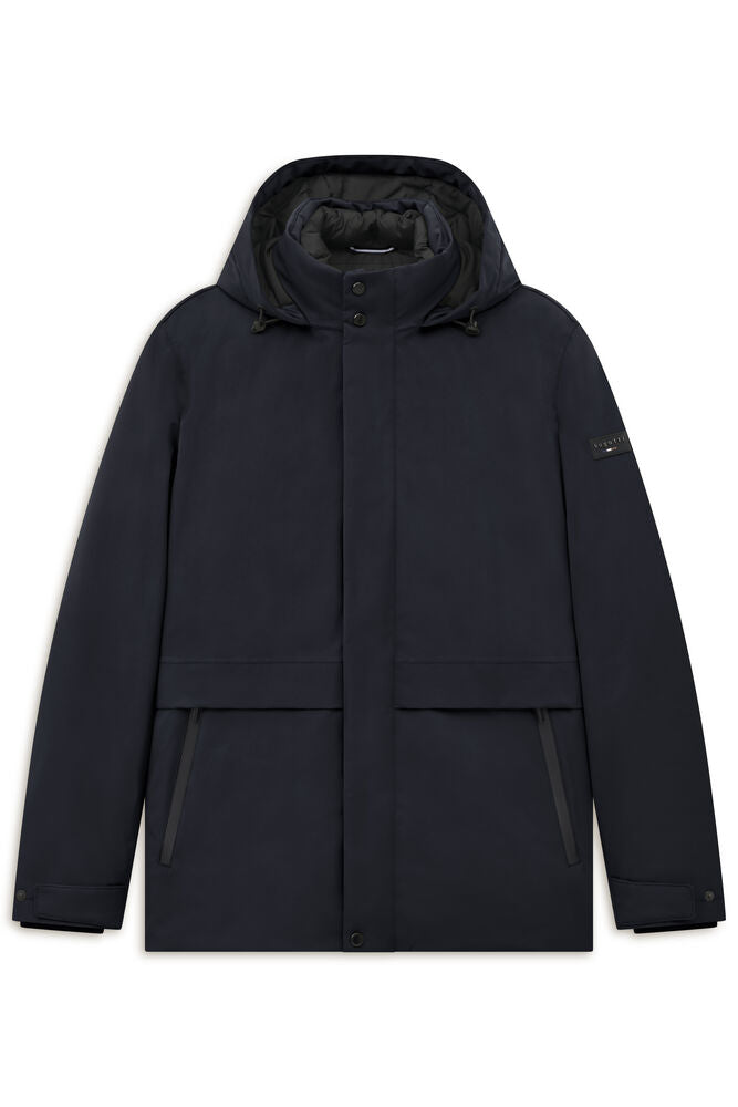 Dark blue hooded parka jacket with a snap-button placket, two flap pockets, two vertical zip pockets, and adjustable cuffs.