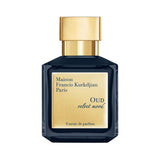 Dark blue rectangular perfume bottle with a gold-toned cap and a gold-toned label featuring "Maison Francis Kurkdjian Paris O