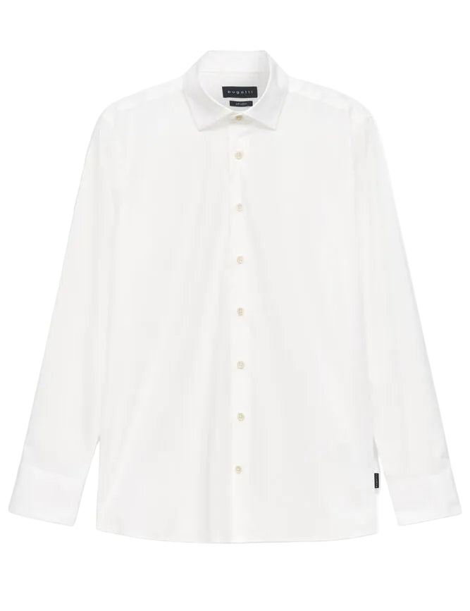 White long-sleeved button-up shirt with a pointed collar, full button placket, light buttons, and buttoned cuffs. Subtle vert