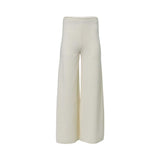 Front View BEYE women's smooth ivory cream wide-leg knit pants with a high-waisted fit, isolated on a white background.