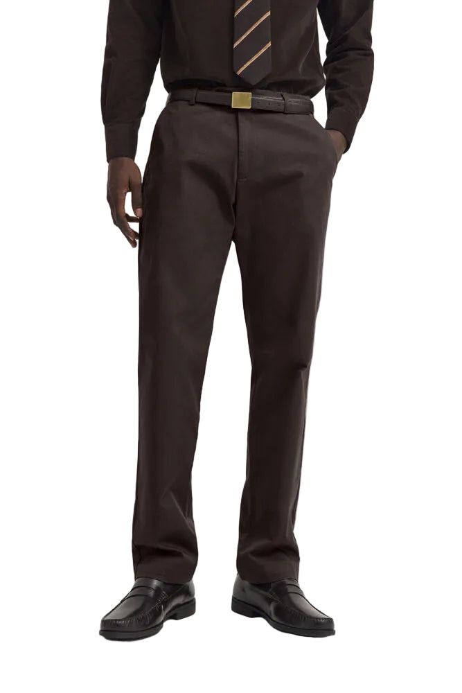 Brown men's straight-leg trousers with side pockets, belt loops, and a zip fly closure.