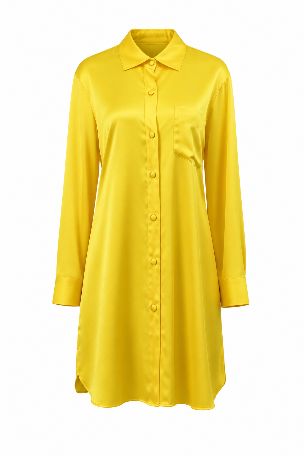 Bright yellow silk shirt dress with a classic collar, long sleeves, button-front closure, and a single chest pocket.