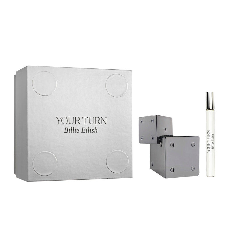 Perfume set with 'Your Turn' by Billie Eilish on a white background.