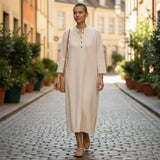 Blue Salon Pluto long-sleeve ribbed Henley nightdress in beige melange soft knit. Midi length.