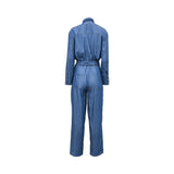 Back view of the Simona Corsellini Women's Blue Denim Utility Jumpsuit with Gold Buttons & Belt. Find The Collection Online
