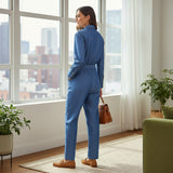 Blue Salon Simona Corsellini women's blue denim utility jumpsuit with gold buttons and belt, straight leg.