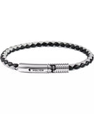 Braided black and grey leather bracelet with a silver-toned cylindrical clasp engraved with 'POLICE' and a ribbed section wit