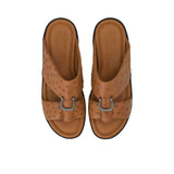 Top view of Brotini 37255 men's ostrich leather sandals in a rich rust brown