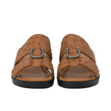 Top-down view of Brotini 37255 men's ostrich leather sandals in a rich rust brown.