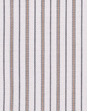 White fabric with thin vertical navy stripes alternating with slightly wider, textured cognac stripes.
