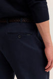 Navy blue casual trousers with belt loops and a single back welt pocket with a dark button and 'bugatti' label.