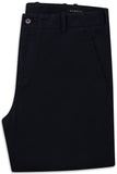 Navy blue casual trousers with a flat front, belt loops, slanted side pockets, and a dark grey button closure. Bugatti label