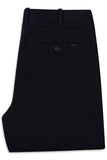 Navy blue casual trousers with belt loops, a single buttoned back pocket, and 'bugatti' embroidered above it.