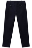 Navy blue casual trousers with a waistband, belt loops, two back welt pockets with dark buttons, and a small label on the rig