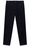 Navy blue casual trousers with a flat front, belt loops, a dark button closure, and slanted side pockets. Straight leg.