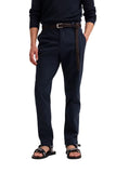 Navy blue casual trousers with a straight leg fit, belt loops, and side pockets, shown flat.