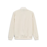 Ecru knitted jacket with a stand-up collar, long sleeves with ribbed cuffs, ribbed hem, and subtle vertical ribbing.