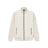 Ecru jacket with a quilted front panel, knitted sleeves and back, full dark-toned zipper, stand-up collar, and two zippered f
