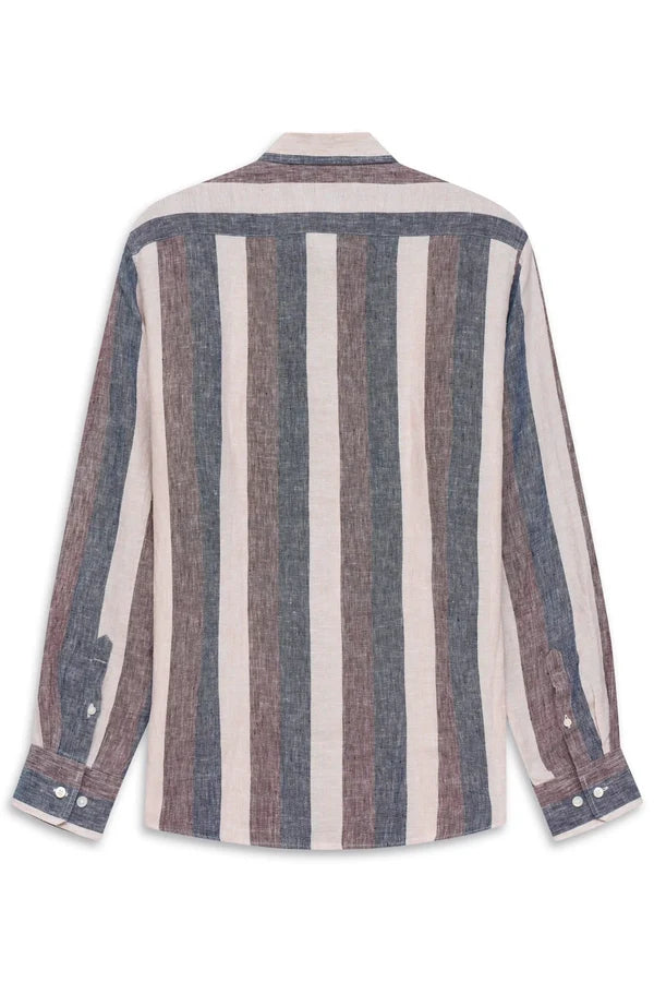 Back view of a long-sleeve casual shirt with vertical stripes in beige, blue-grey, and brown textured fabric. Features a coll