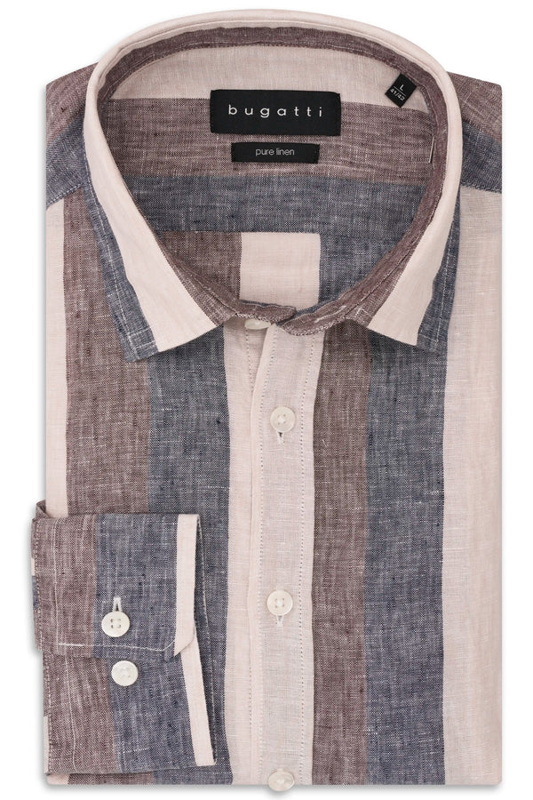 Pure linen casual shirt with vertical stripes in off-white, brown, and muted blue. Collared, button-down front, two-button cu
