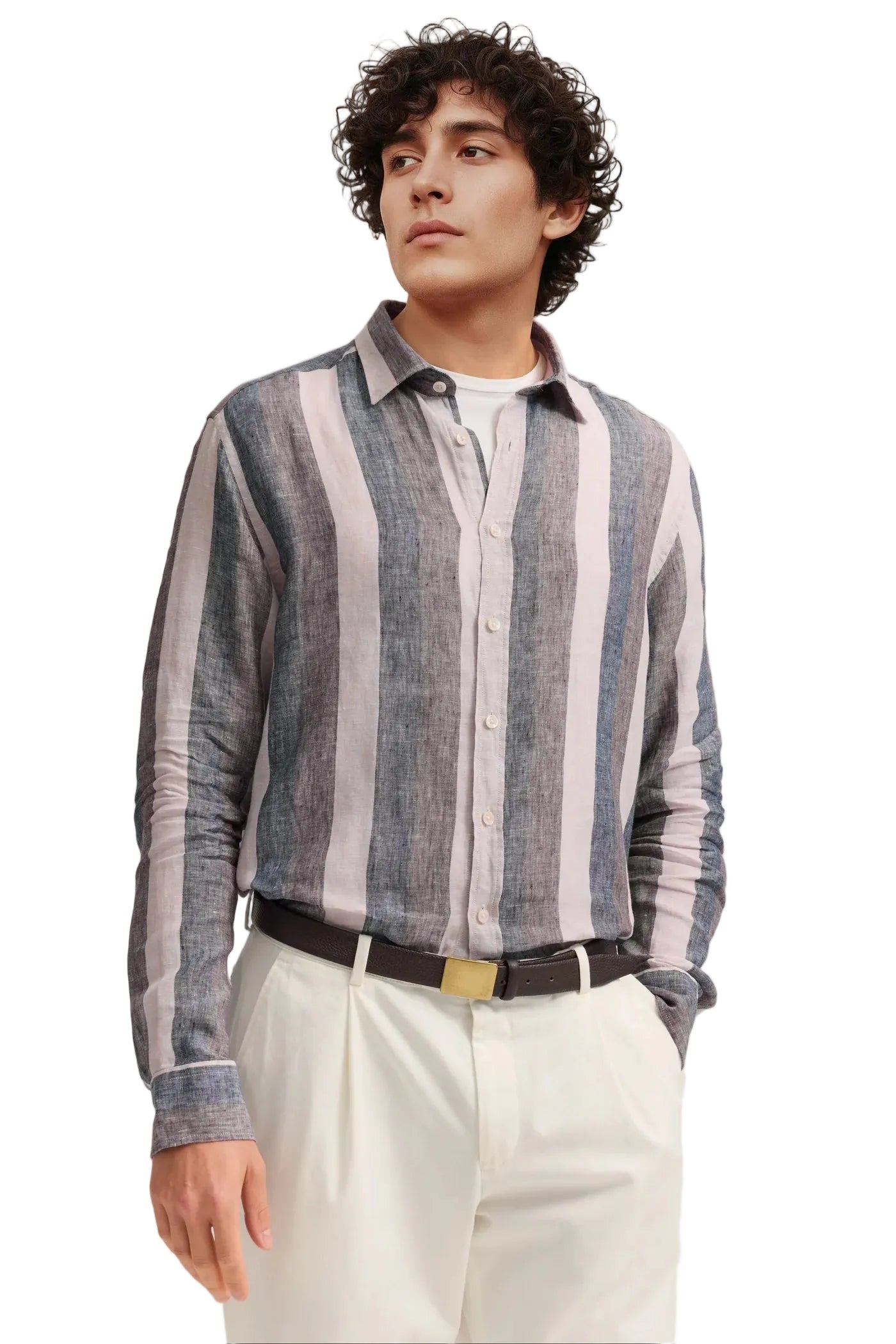 Men's long-sleeve casual shirt with vertical stripes in light pink, grey, and blue-grey, featuring a button-front closure.