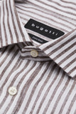 Bugatti Men's White and Brown Striped Long-Sleeve Linen Shirt