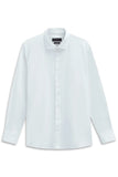 White long-sleeve casual shirt with a spread collar, full button-front closure, and white buttons.